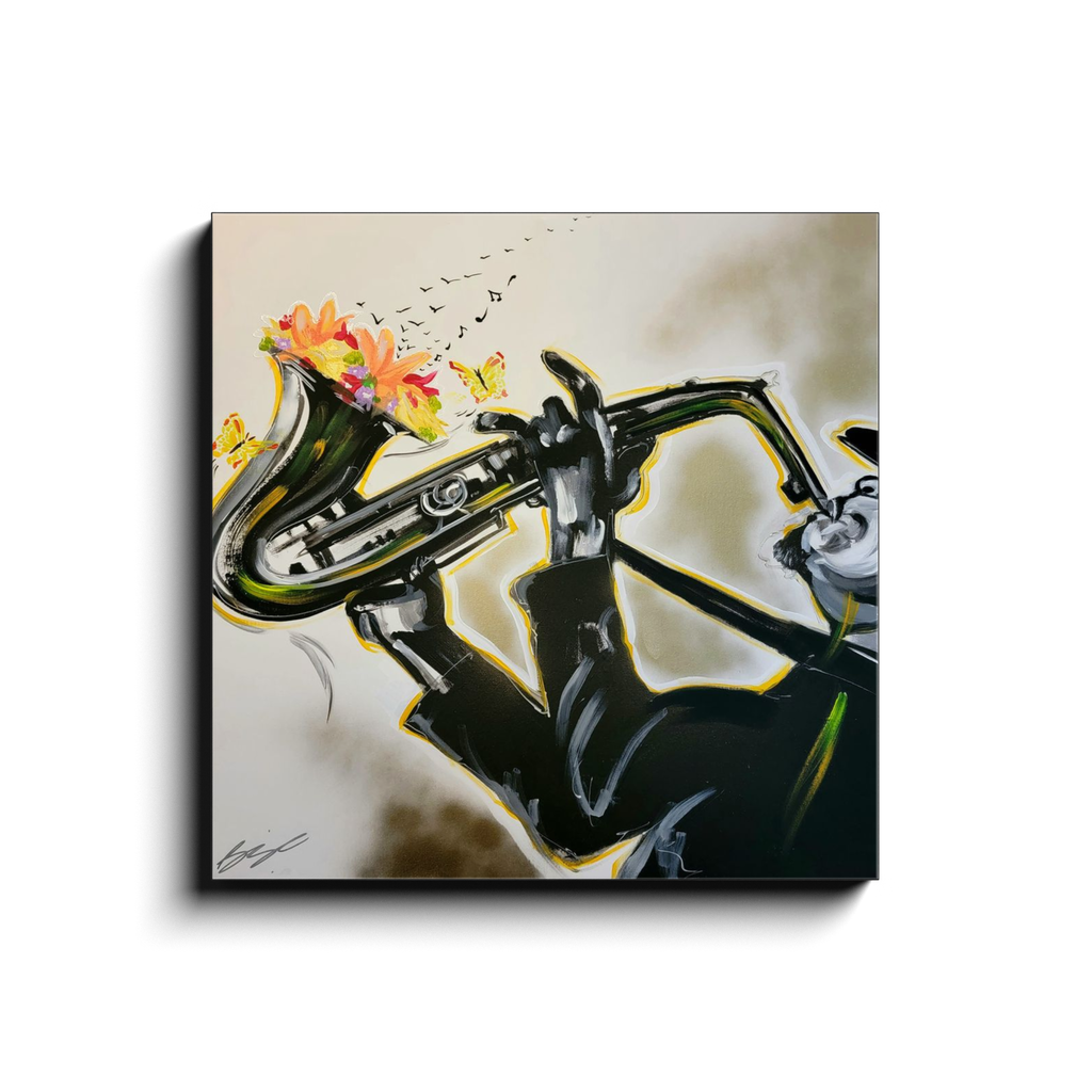 Abstract painting titled “Full Bloom” showing a silhouetted saxophonist playing as flowers bloom from the horn, transforming into floating music notes.