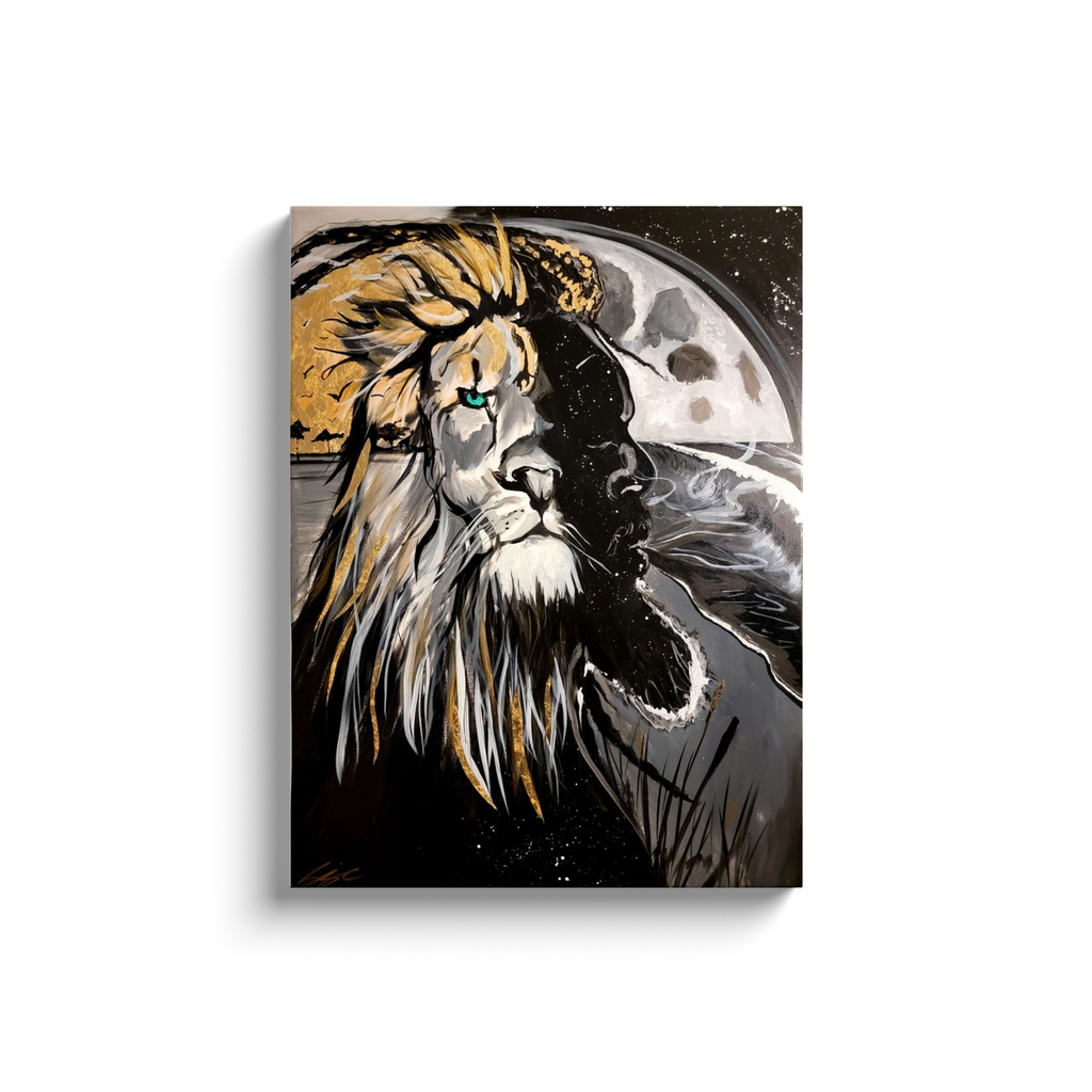Painting titled “Into the Night” showing a seamless blend of a man and lion’s face over a moonlit ocean, with gold sunlight merging into the lion’s mane.