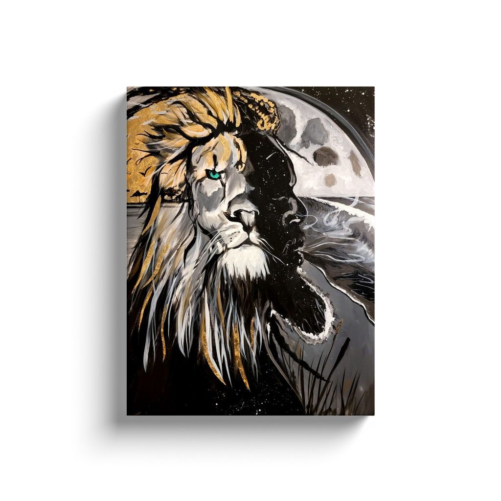 Painting titled “Into the Night” showing a seamless blend of a man and lion’s face over a moonlit ocean, with gold sunlight merging into the lion’s mane.