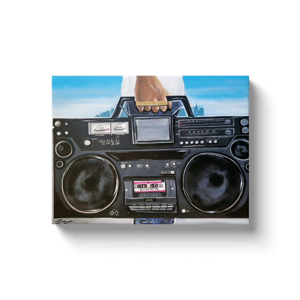 Painting titled “My Boom Box” showing a man in a white T-shirt holding a boombox with a BAIZE ring on his fingers and a faint city skyline in the background.