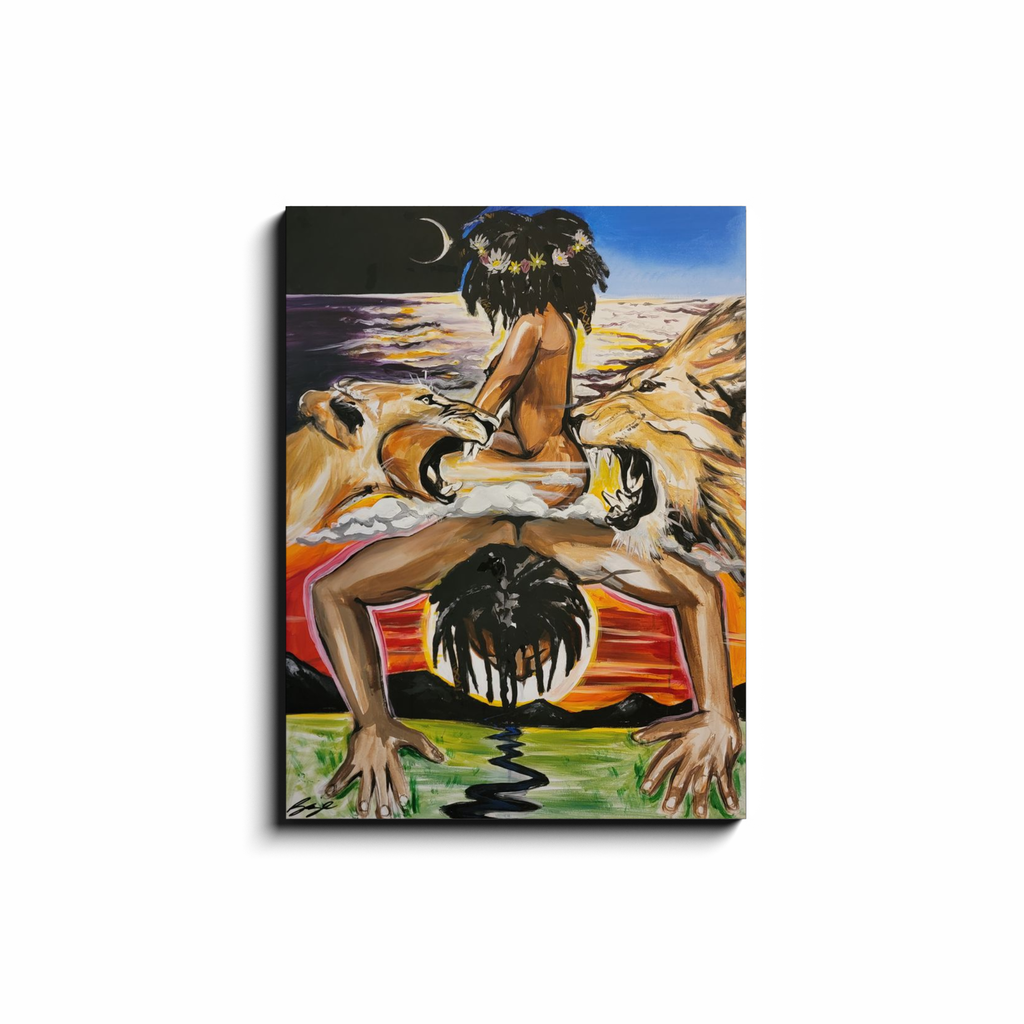 Abstract spiritual painting titled “Mystic Landing” showing a cosmic union of twin flames—King and Queen energies uniting in love and planetary balance.