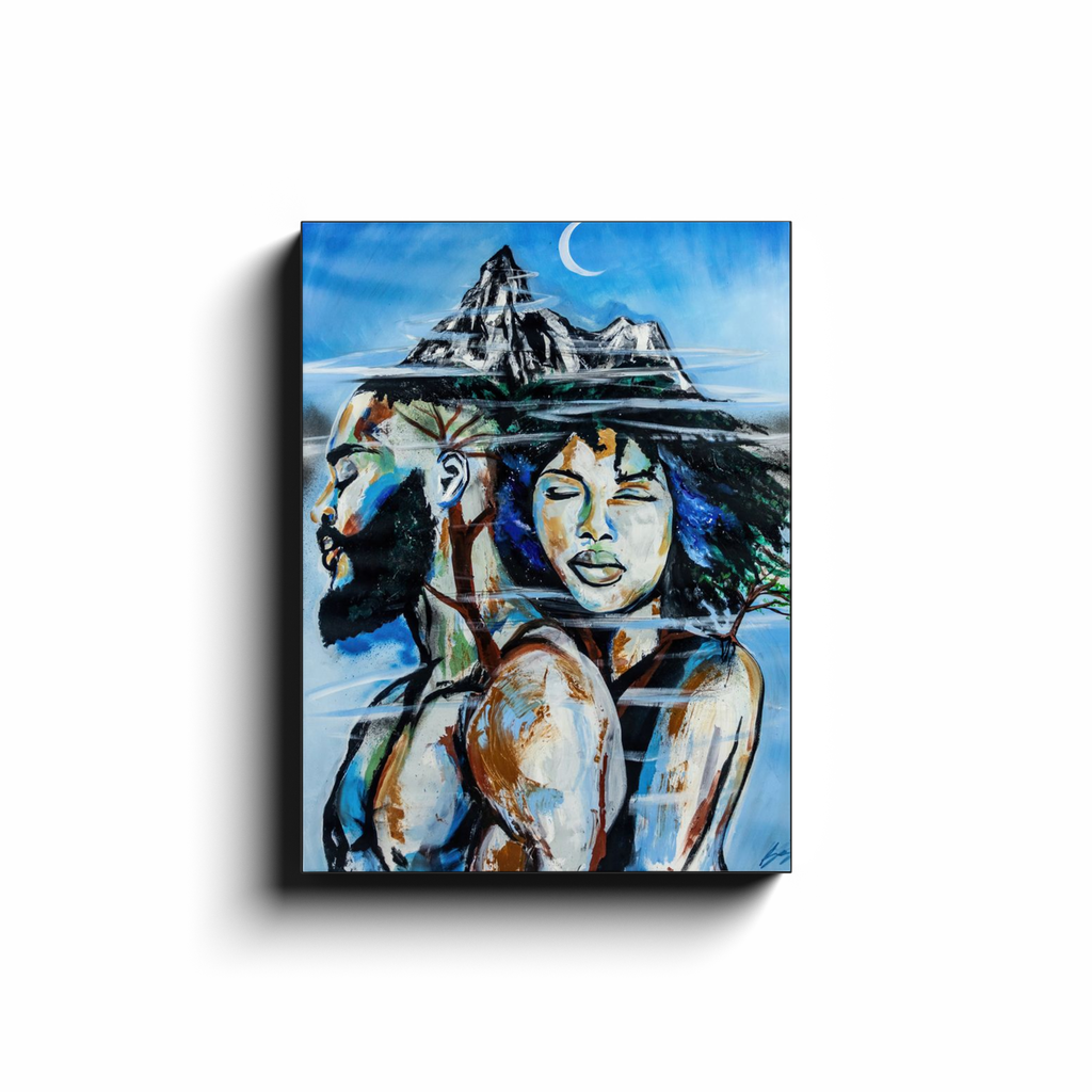 Abstract painting titled “Altitude” showing an embracing couple formed as a tree, growing upward toward a misty mountain peak symbolizing love and resilience.