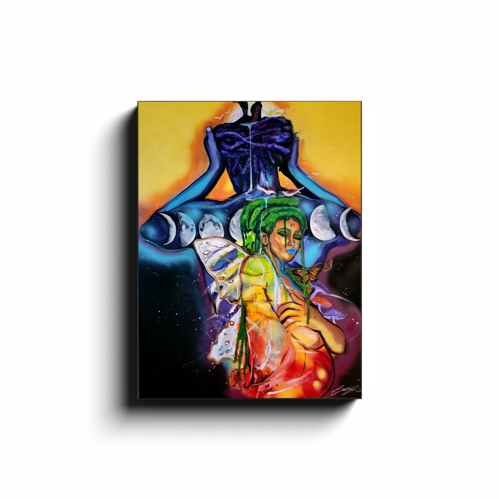 Spiritual painting titled “Nested Love Vol 2.” showing two figures ascending together in divine union, symbolizing love, chakra energy, and spiritual awakening.
