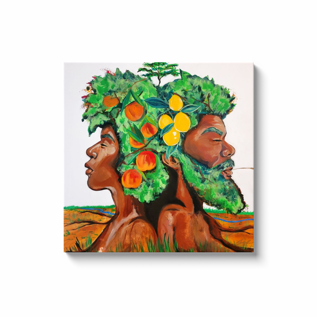 Painting titled “In Good Grace” showing male and female tree figures back-to-back with green afros, bearing fruit and a baby tree, in a serene natural landscape.