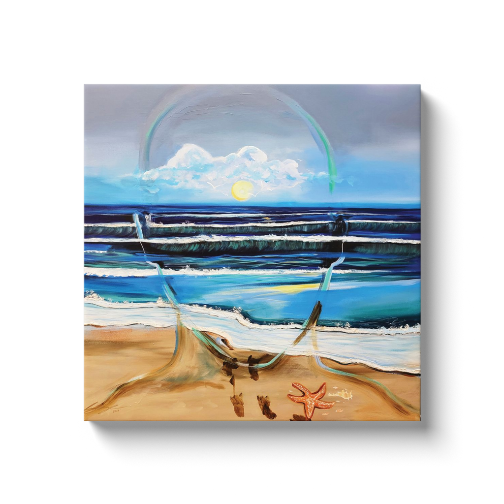 Painting titled “Fluent” showing an ocean scene blending with the outline of a male face, waves running into sand, starfish and shells, with a glowing sun symbolizing peace and focus.