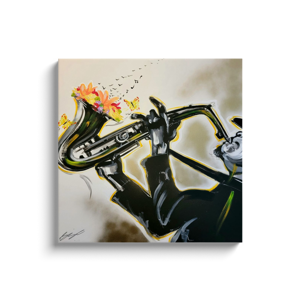 Abstract painting titled “Full Bloom” showing a silhouetted saxophonist playing as flowers bloom from the horn, transforming into floating music notes.
