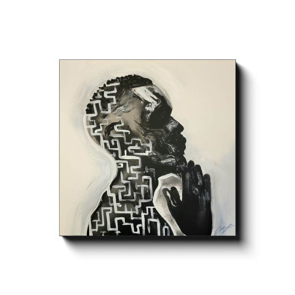 Abstract painting titled “Amazing Grace” showing a male figure in prayer with an intricate maze design within his profile, symbolizing faith and divine guidance.