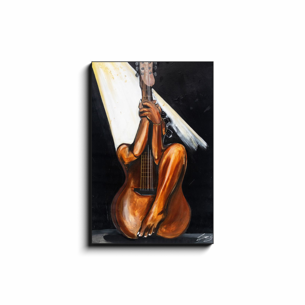 Abstract painting titled “Fine Tuned” showing a woman’s curved body merged with a guitar’s form, one leg extending upward into the neck of the instrument.