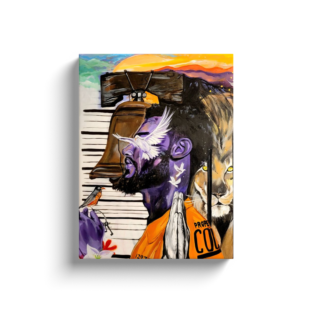 Painting titled “Give Me Liberty” showing a male in a prison jumpsuit kneeling in prayer with a symbolic lion behind bars, liberty bell, and doves representing freedom.