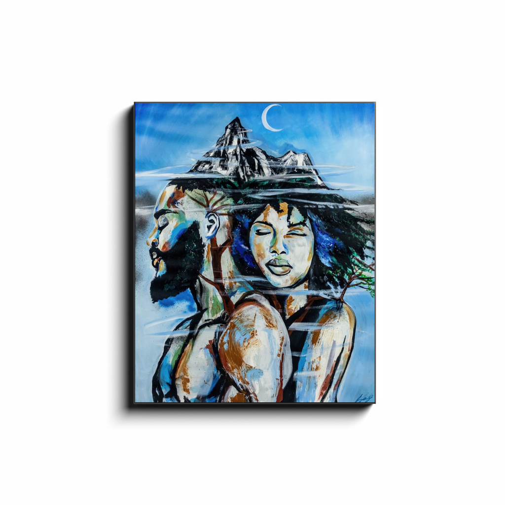 Abstract painting titled “Altitude” showing an embracing couple formed as a tree, growing upward toward a misty mountain peak symbolizing love and resilience.