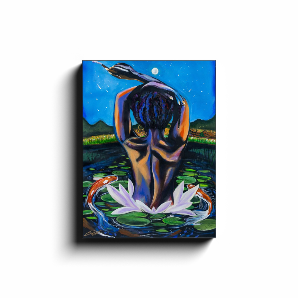 Painting titled “Twilight” showing a melanin-rich woman in water surrounded by lily pads and koi fish, with a man slumbering on the distant bank, dreaming of her.