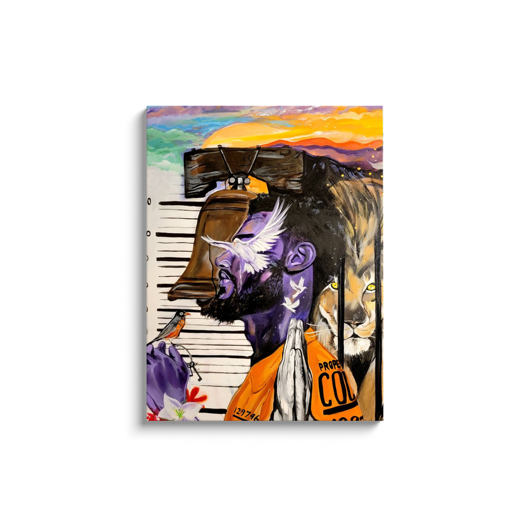 Painting titled “Give Me Liberty” showing a male in a prison jumpsuit kneeling in prayer with a symbolic lion behind bars, liberty bell, and doves representing freedom.