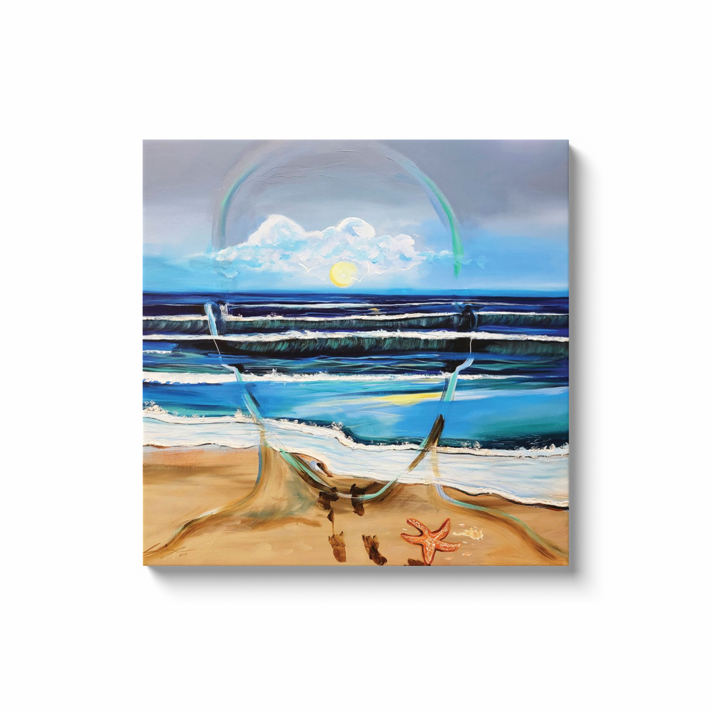 Painting titled “Fluent” showing an ocean scene blending with the outline of a male face, waves running into sand, starfish and shells, with a glowing sun symbolizing peace and focus.