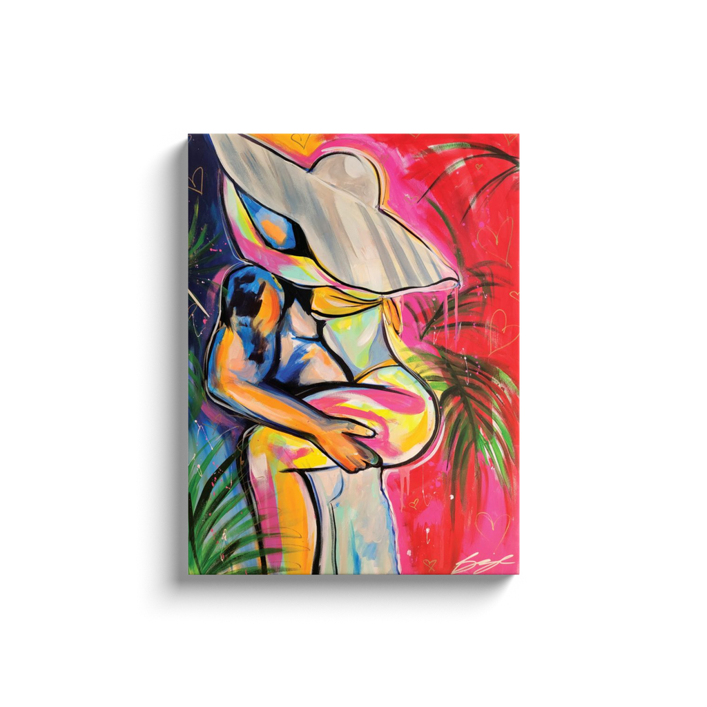Painting titled “Passion in Paradise” showing a couple in a private, passionate embrace surrounded by tropical palms, capturing intimacy and desire.