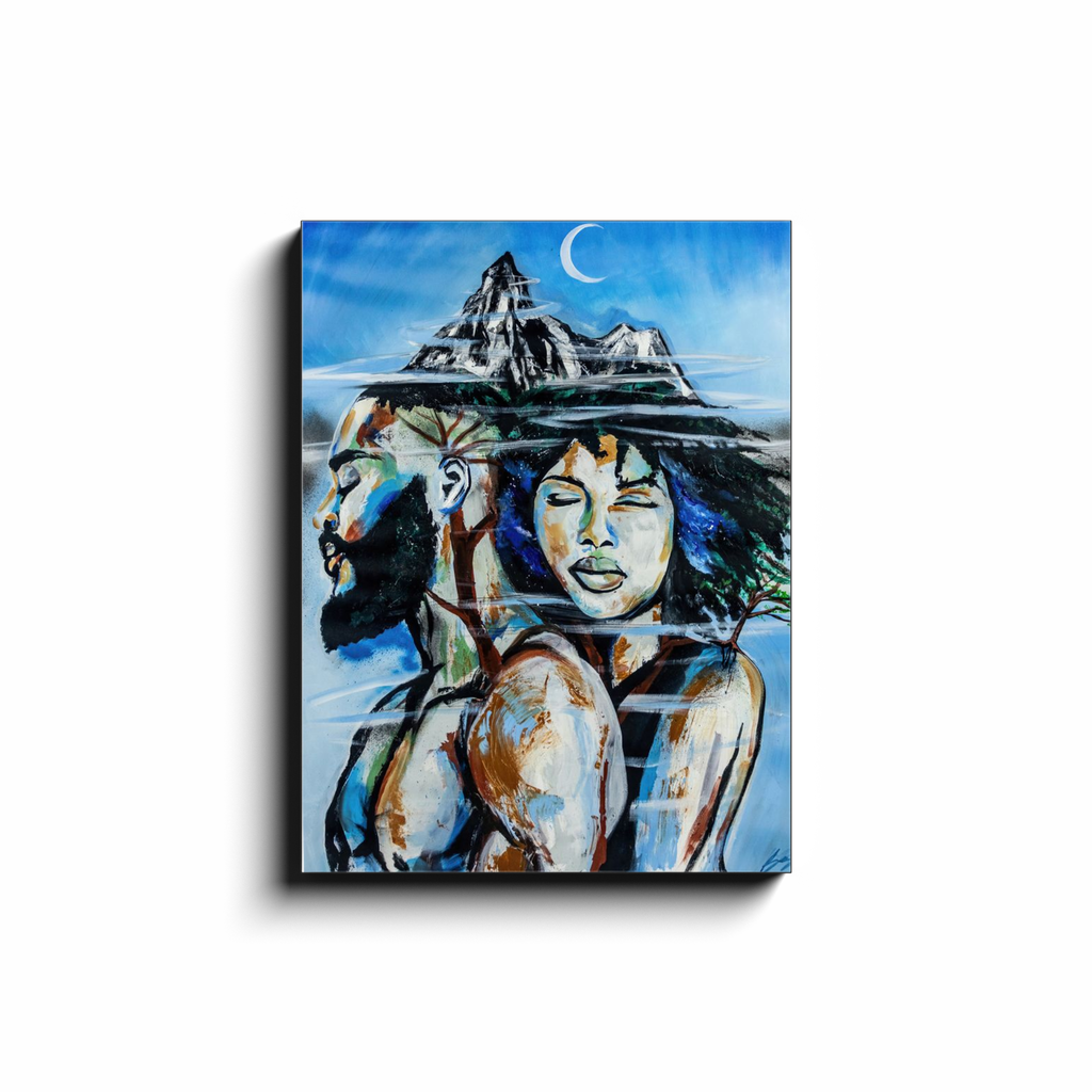 Abstract painting titled “Altitude” showing an embracing couple formed as a tree, growing upward toward a misty mountain peak symbolizing love and resilience.