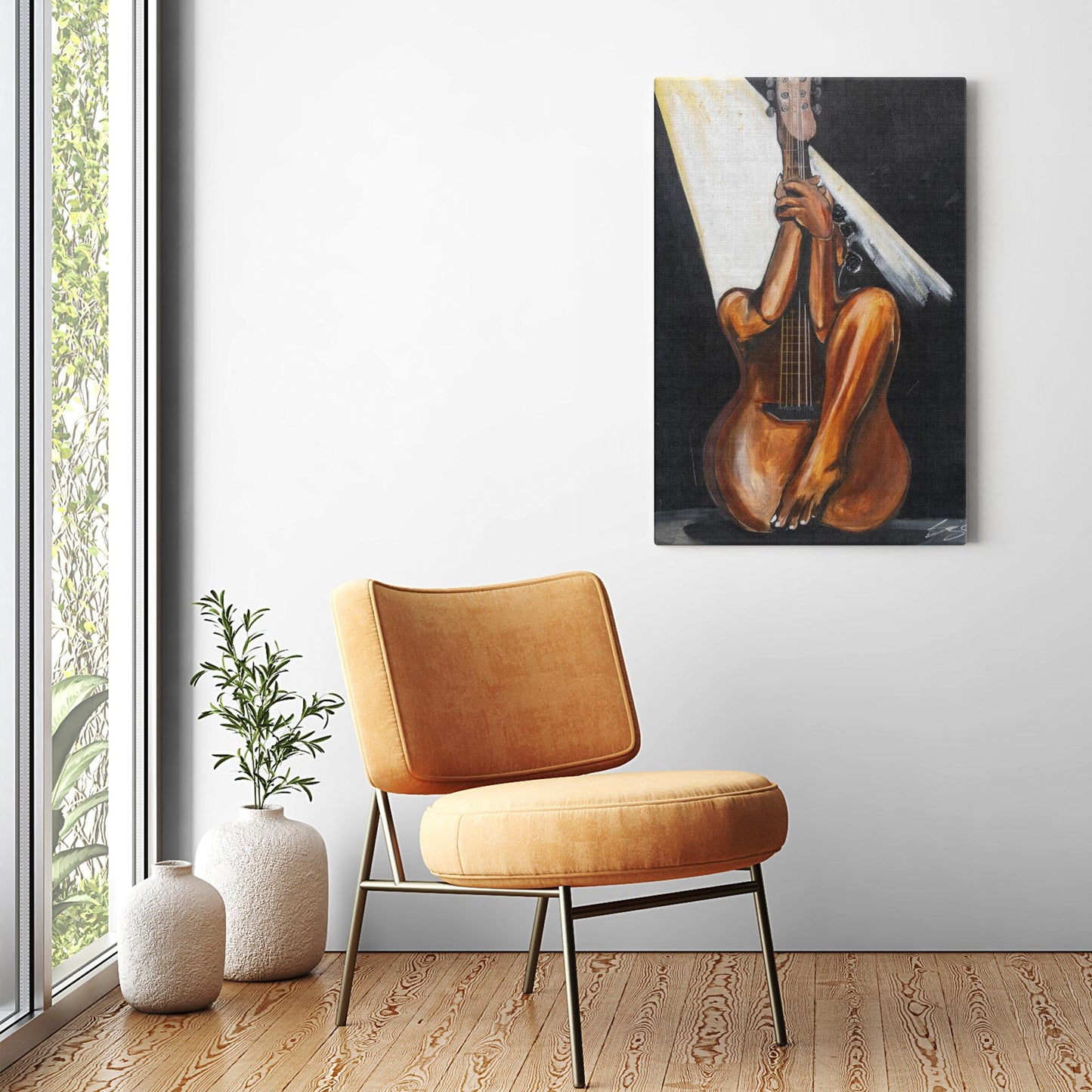 Abstract painting titled “Fine Tuned” showing a woman’s curved body merged with a guitar’s form, one leg extending upward into the neck of the instrument.