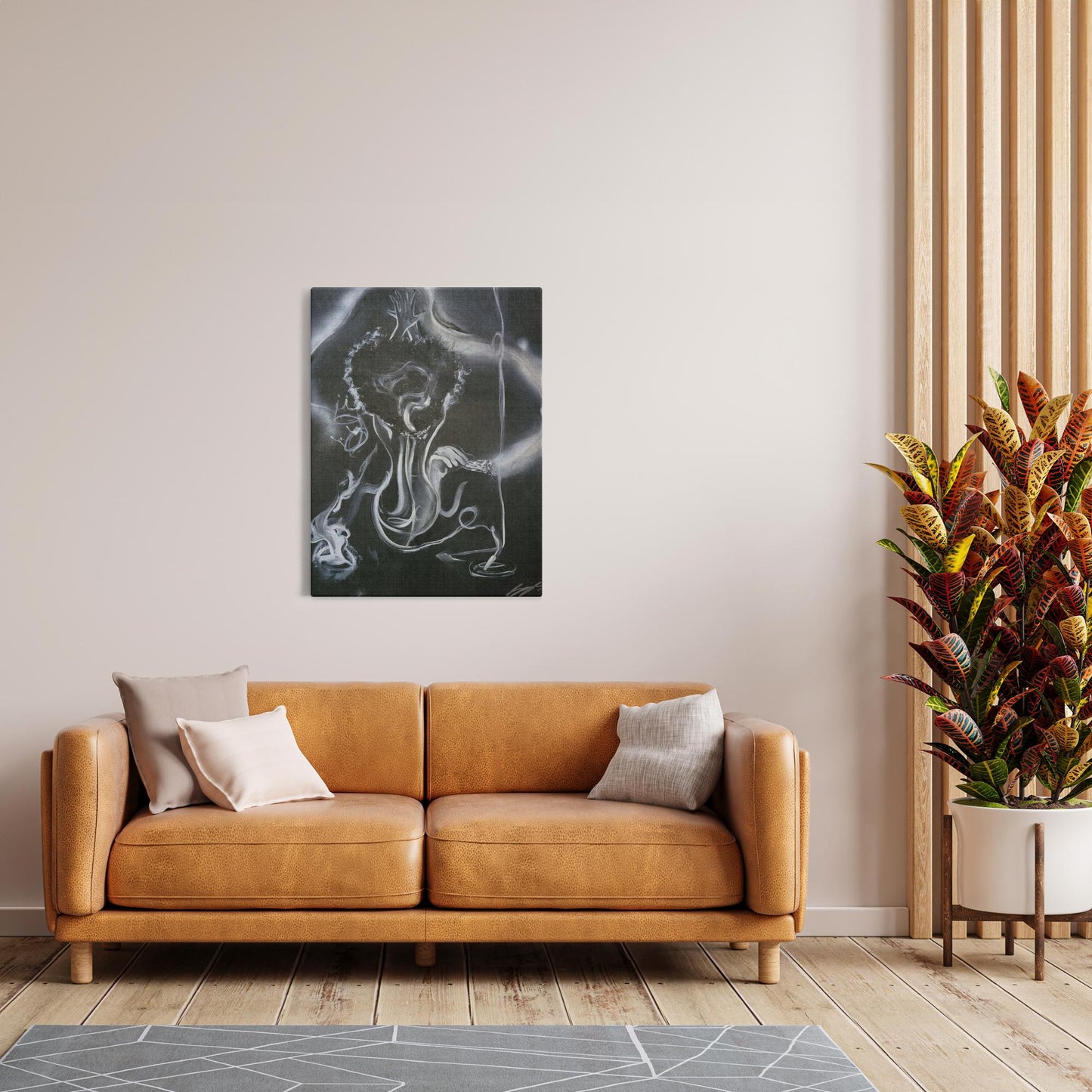 Painting titled “All the Smoke” showing smoke forming a woman, hidden male figure, incense, burning sage, the word love, and male and female crowns, symbolizing transformation and energy.
