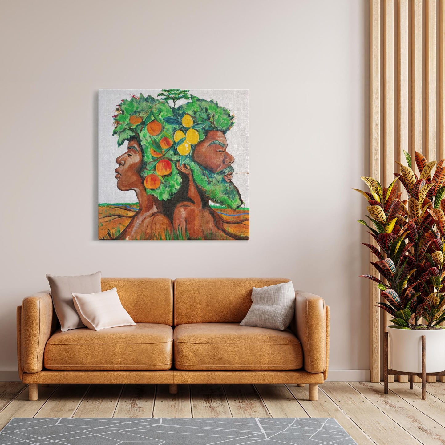 Painting titled “In Good Grace” showing male and female tree figures back-to-back with green afros, bearing fruit and a baby tree, in a serene natural landscape.