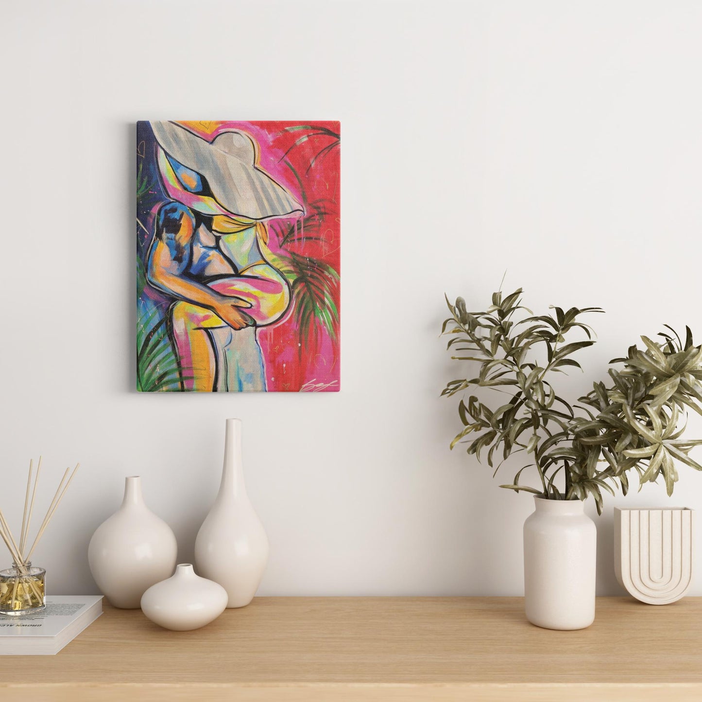 Painting titled “Passion in Paradise” showing a couple in a private, passionate embrace surrounded by tropical palms, capturing intimacy and desire.