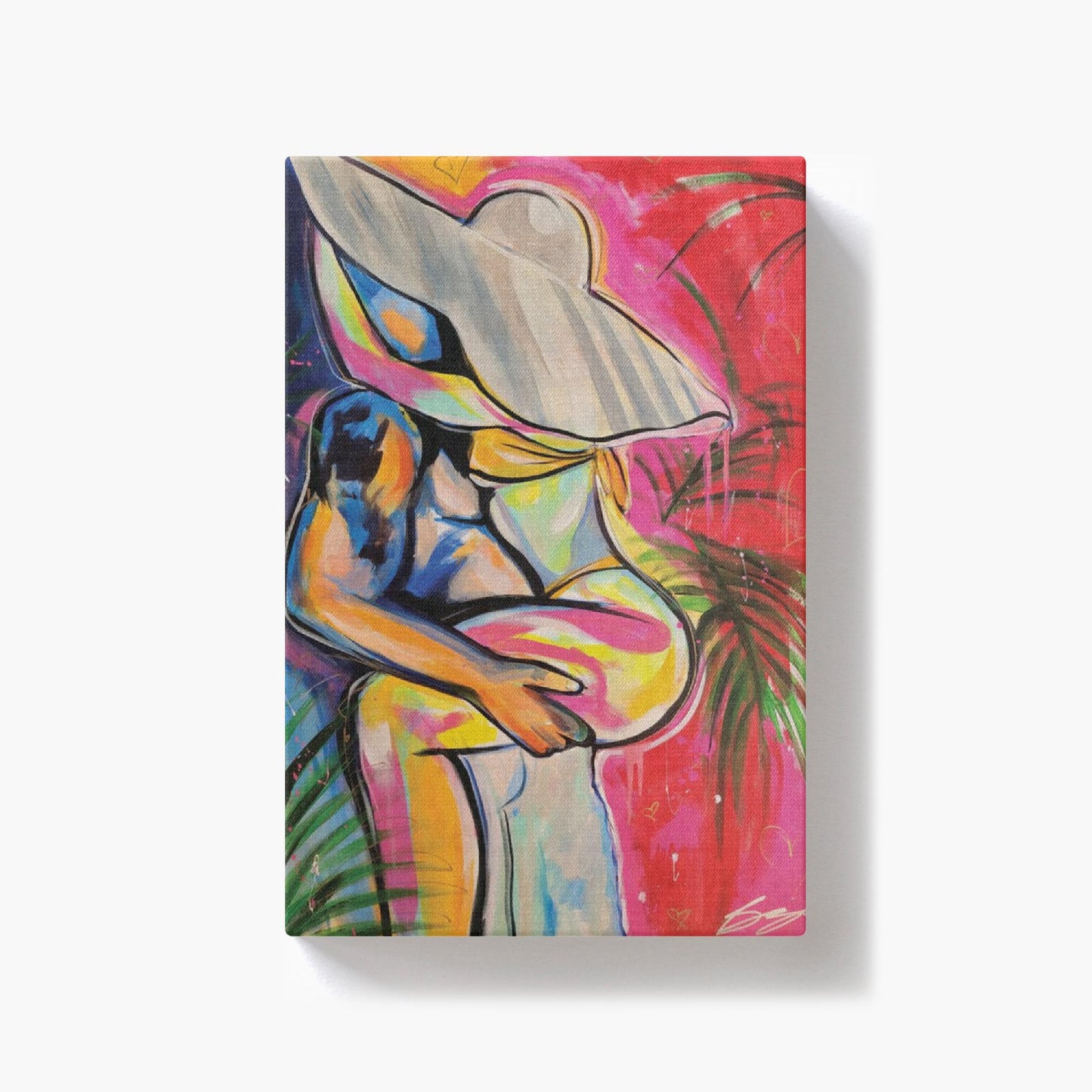 Painting titled “Passion in Paradise” showing a couple in a private, passionate embrace surrounded by tropical palms, capturing intimacy and desire.