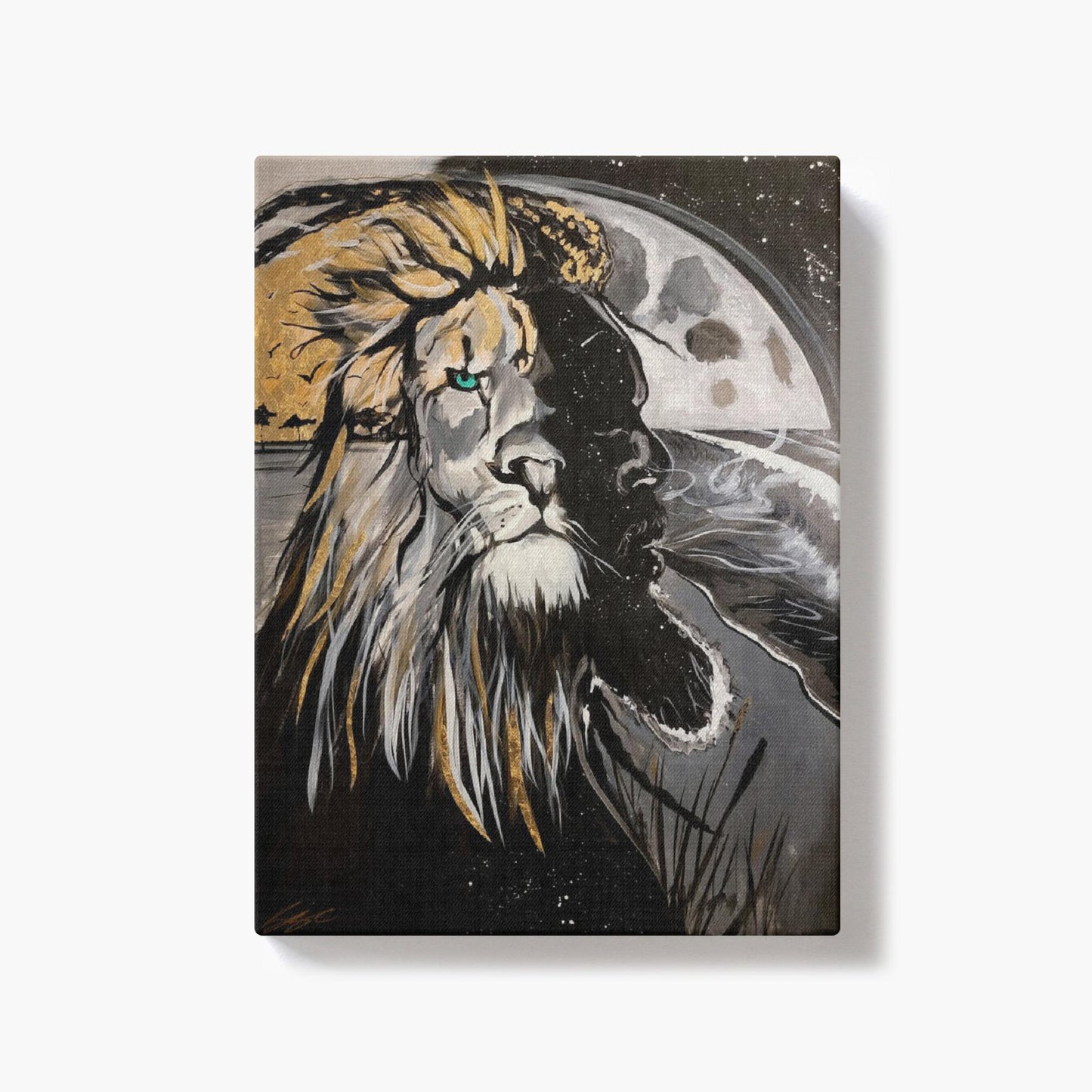 Painting titled “Into the Night” showing a seamless blend of a man and lion’s face over a moonlit ocean, with gold sunlight merging into the lion’s mane.