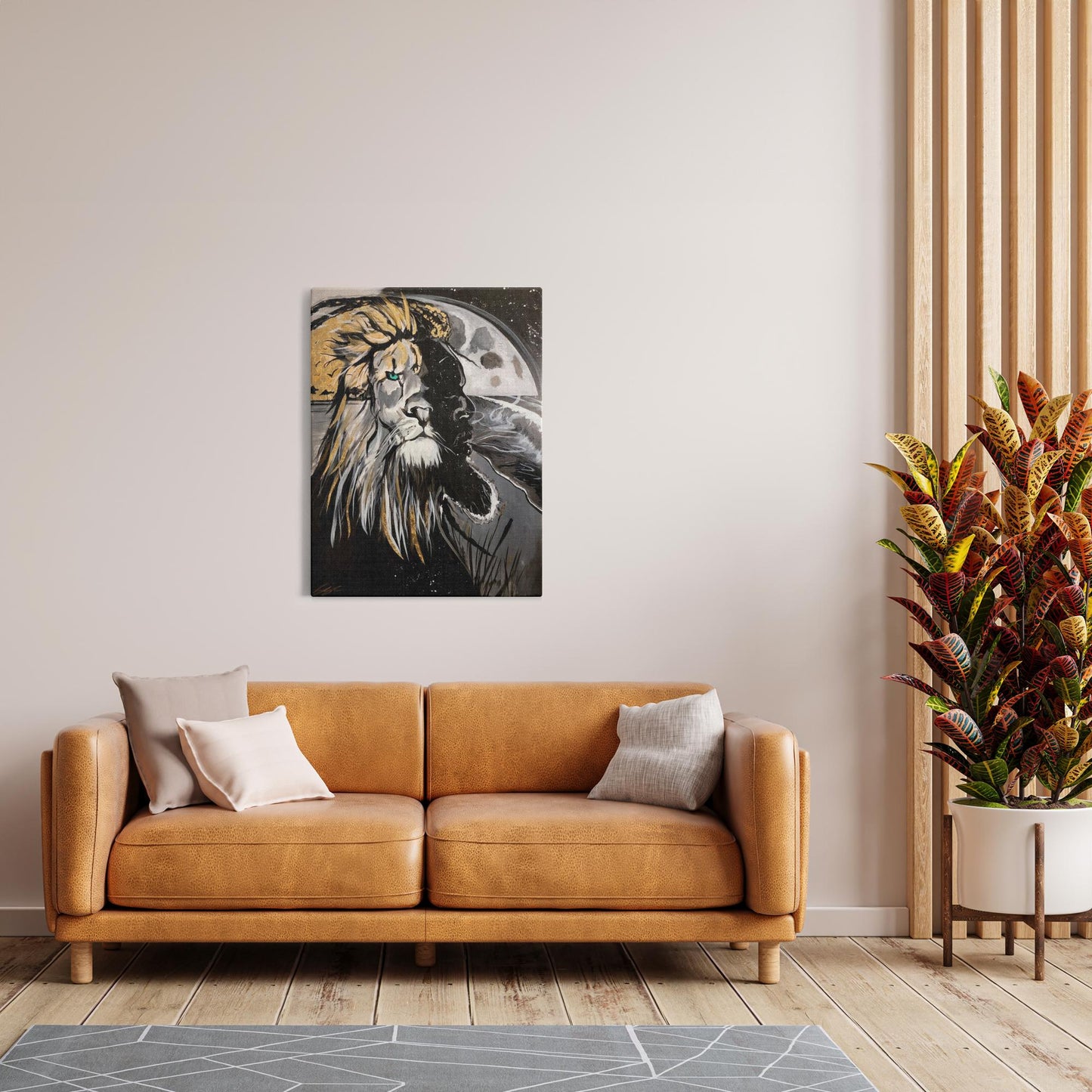 Painting titled “Into the Night” showing a seamless blend of a man and lion’s face over a moonlit ocean, with gold sunlight merging into the lion’s mane.