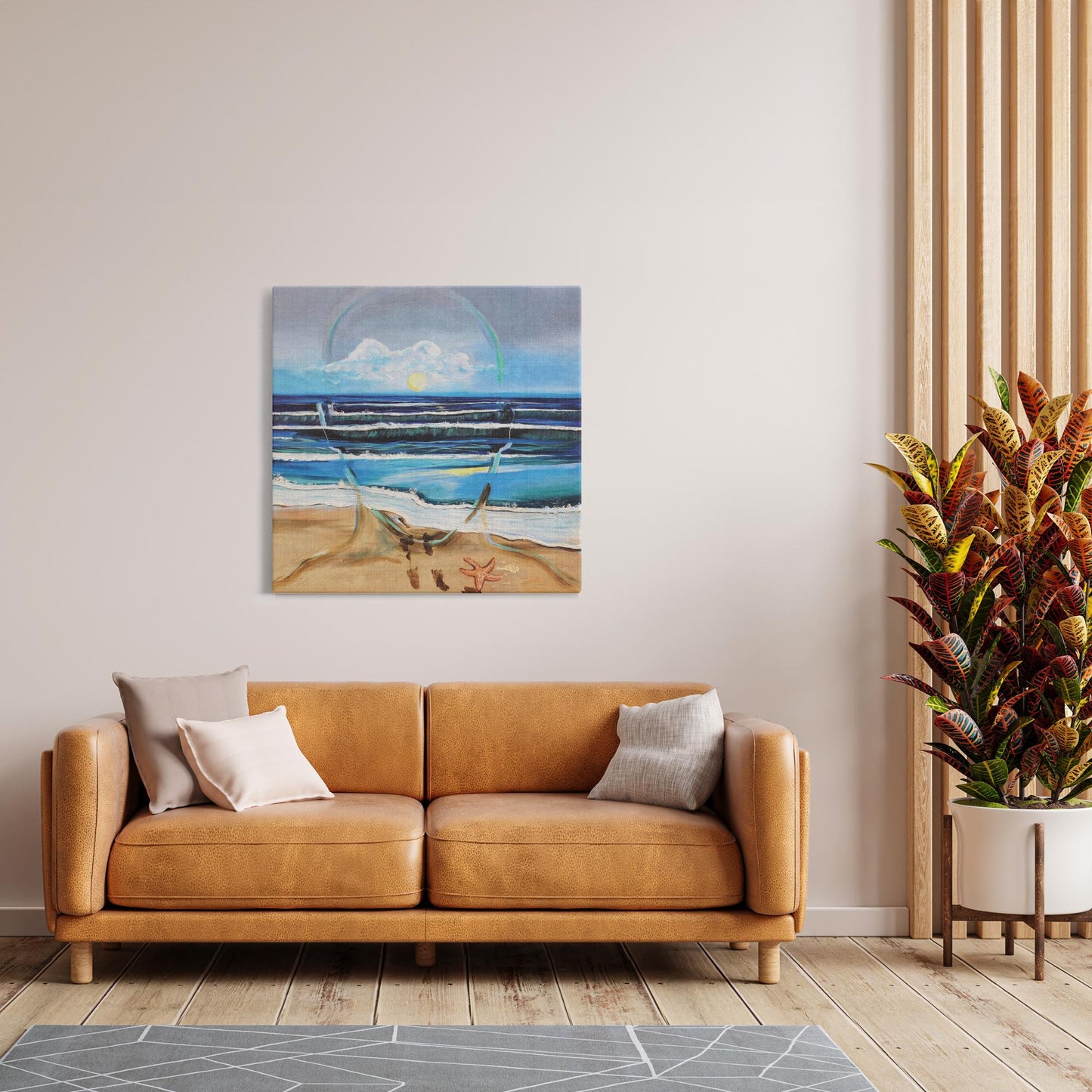 Painting titled “Fluent” showing an ocean scene blending with the outline of a male face, waves running into sand, starfish and shells, with a glowing sun symbolizing peace and focus.