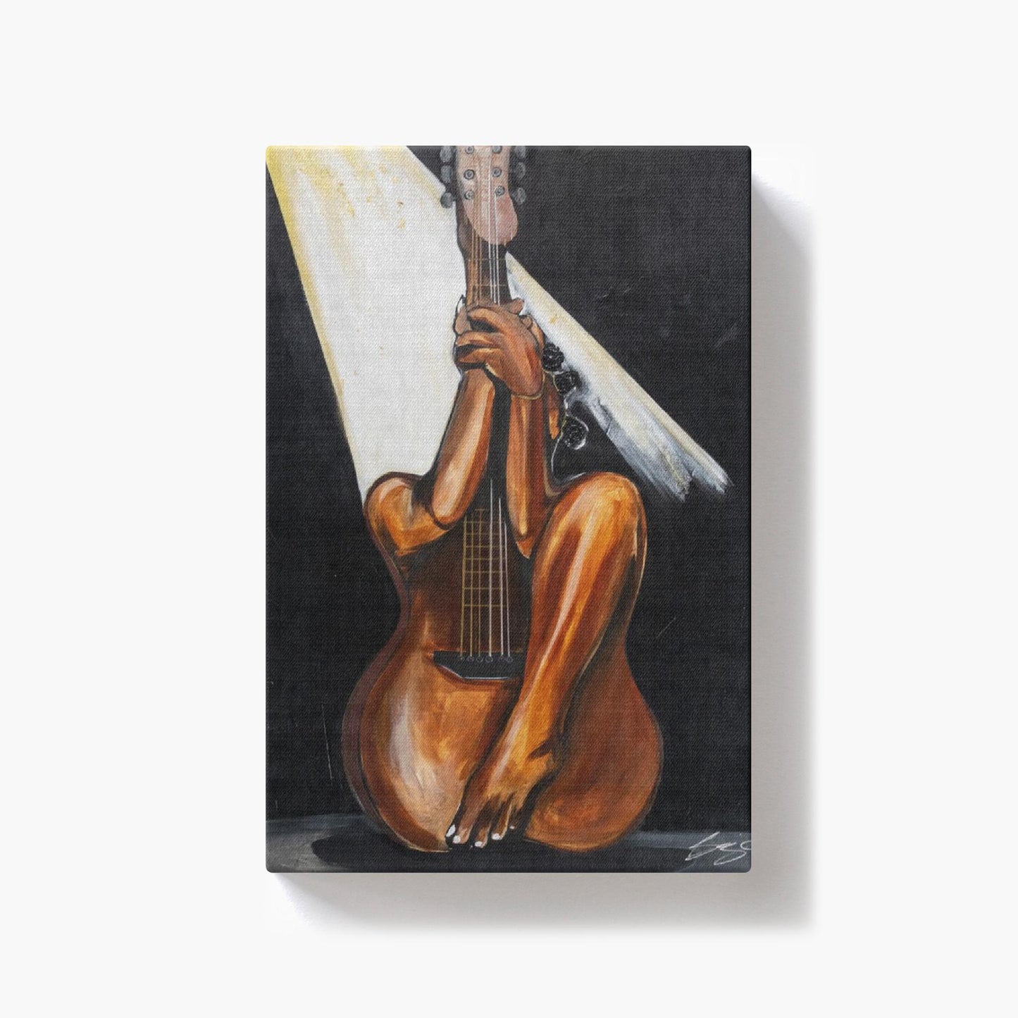 Abstract painting titled “Fine Tuned” showing a woman’s curved body merged with a guitar’s form, one leg extending upward into the neck of the instrument.