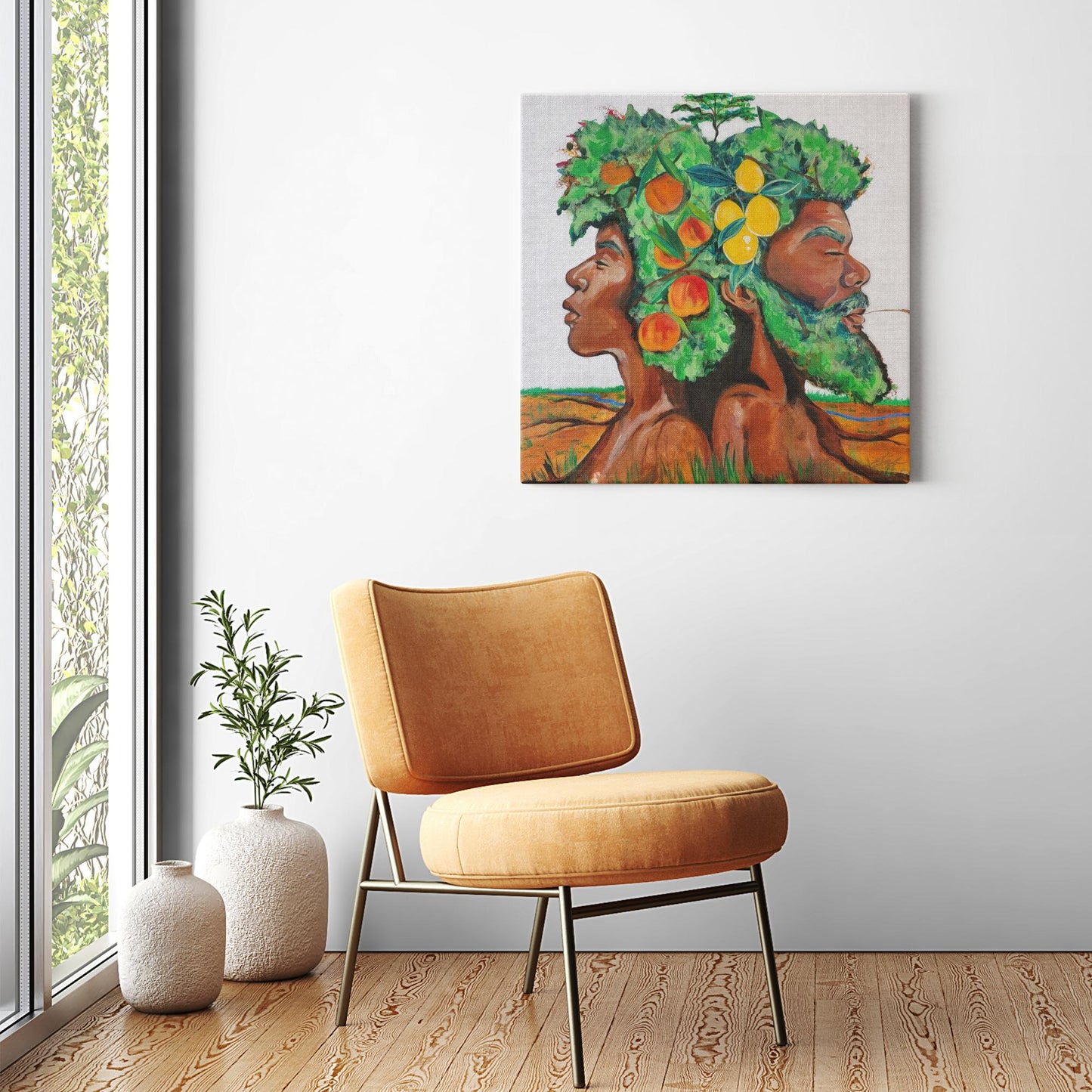 Painting titled “In Good Grace” showing male and female tree figures back-to-back with green afros, bearing fruit and a baby tree, in a serene natural landscape.