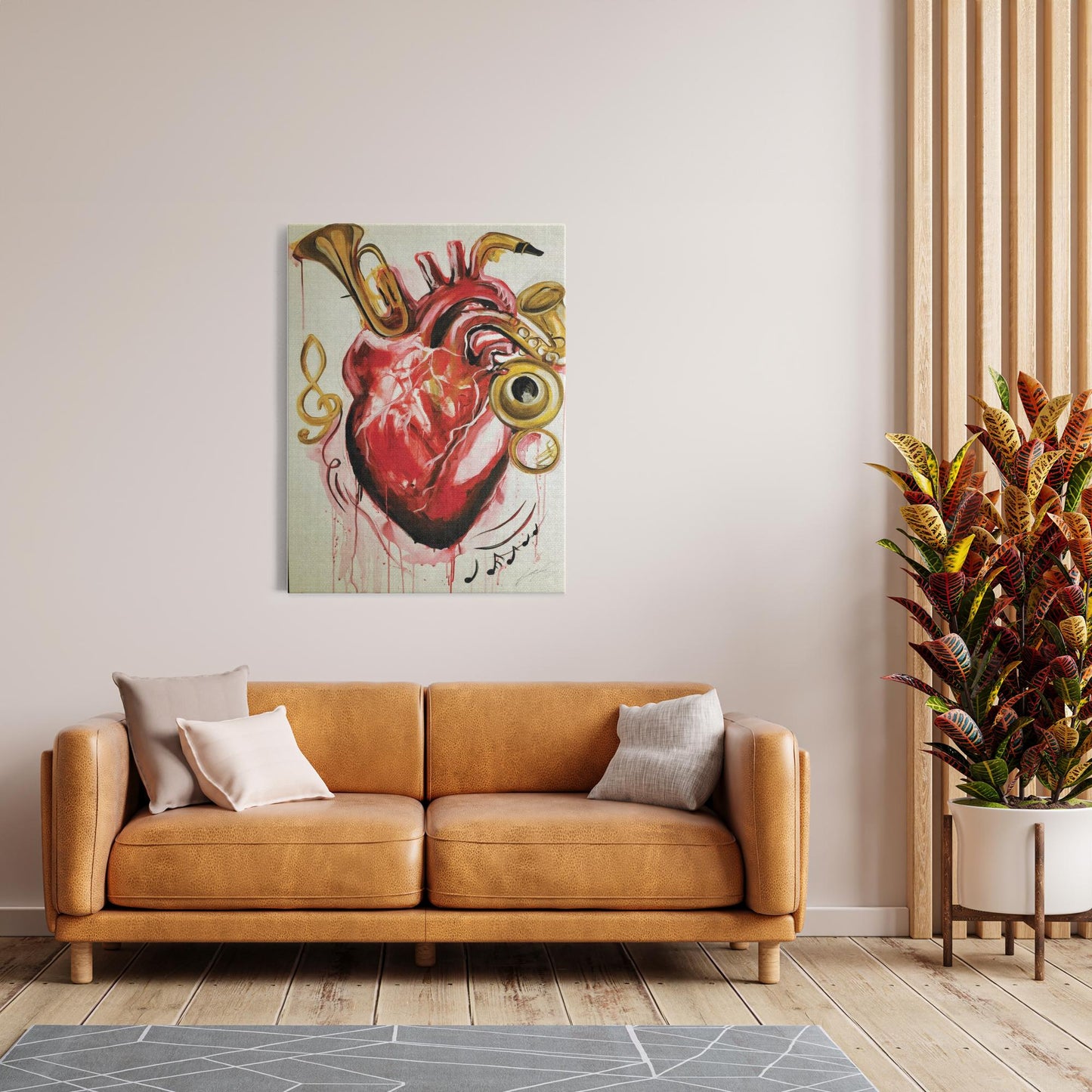 Abstract painting titled “From the Heart” showing musical instruments shaped like parts of a human heart—flutes, horns, and drums merging in surreal form.