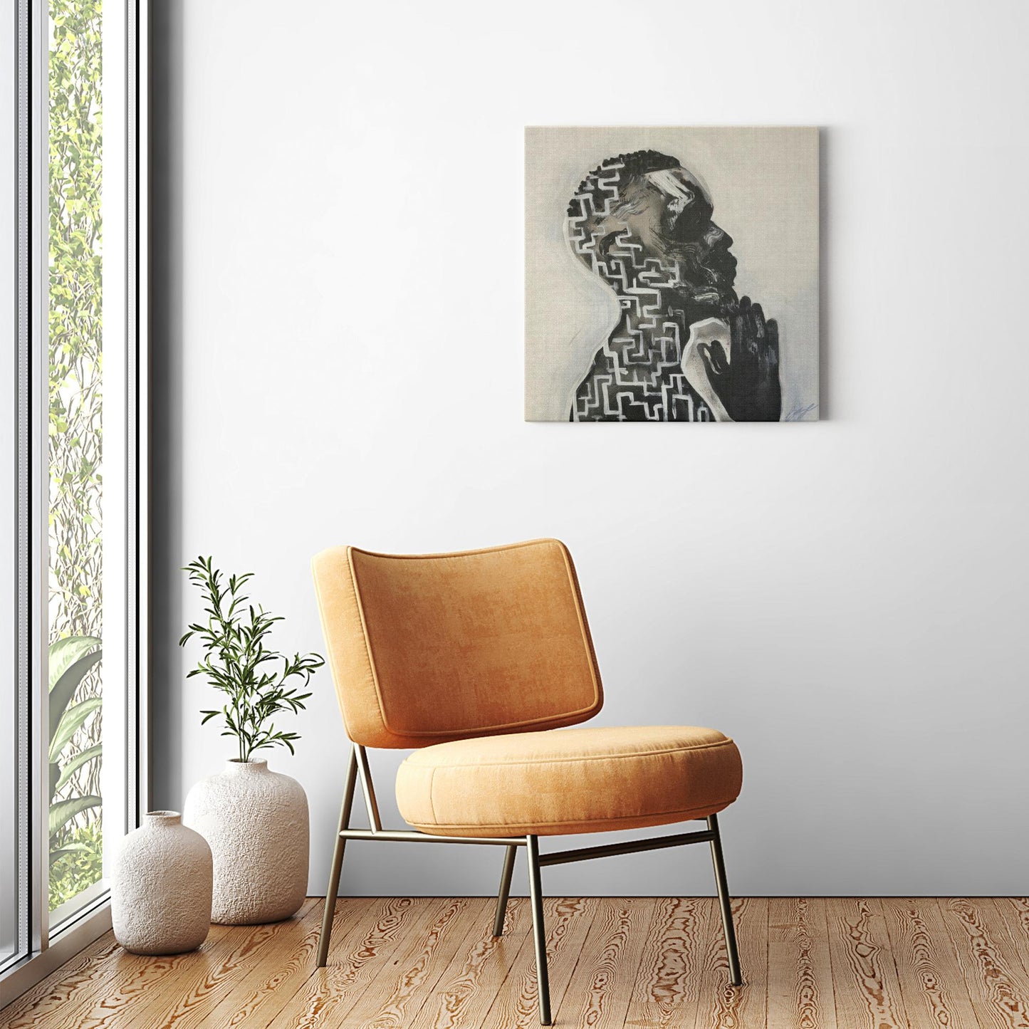 Abstract painting titled “Amazing Grace” showing a male figure in prayer with an intricate maze design within his profile, symbolizing faith and divine guidance.