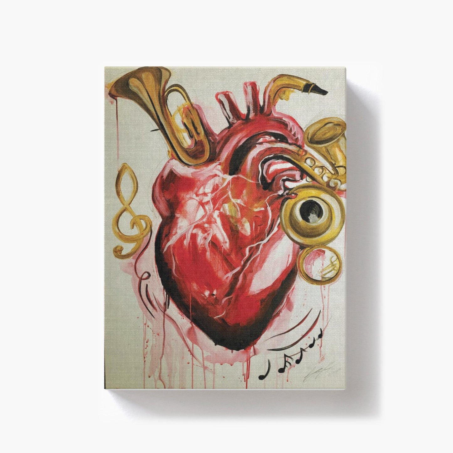Abstract painting titled “From the Heart” showing musical instruments shaped like parts of a human heart—flutes, horns, and drums merging in surreal form.