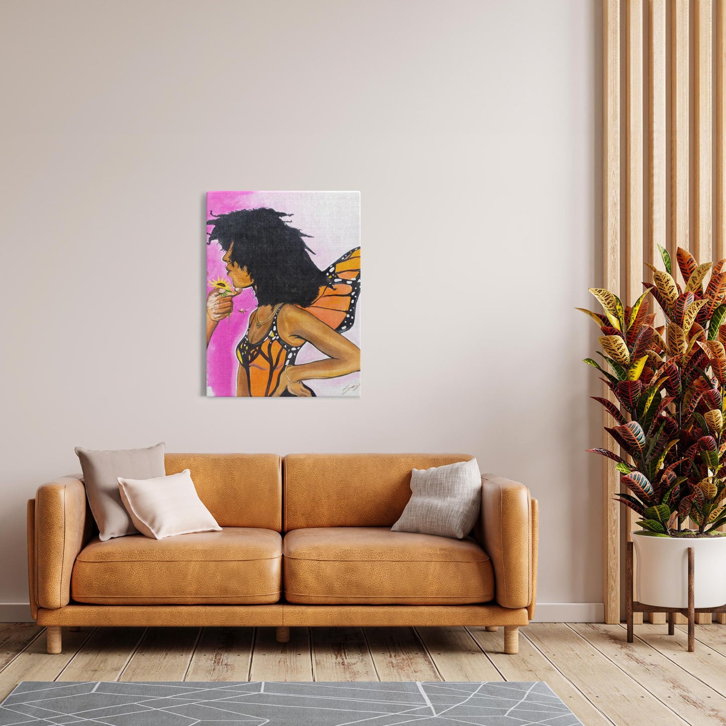 Surreal painting titled “Angelic Butterfly” showing a male hand holding a sunflower toward a Black woman depicted as a butterfly, symbolizing love and transformation.