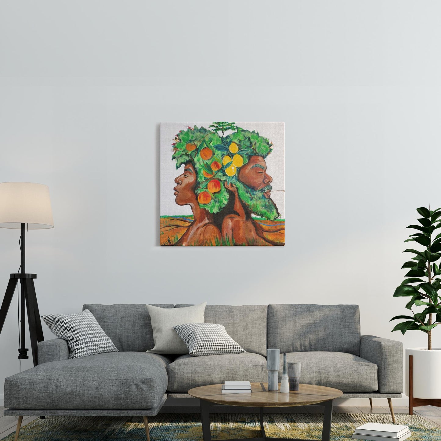 Painting titled “In Good Grace” showing male and female tree figures back-to-back with green afros, bearing fruit and a baby tree, in a serene natural landscape.