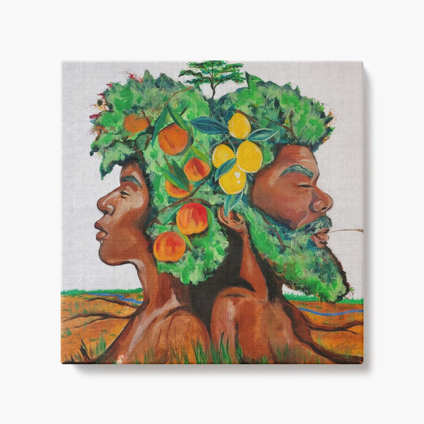 Painting titled “In Good Grace” showing male and female tree figures back-to-back with green afros, bearing fruit and a baby tree, in a serene natural landscape.