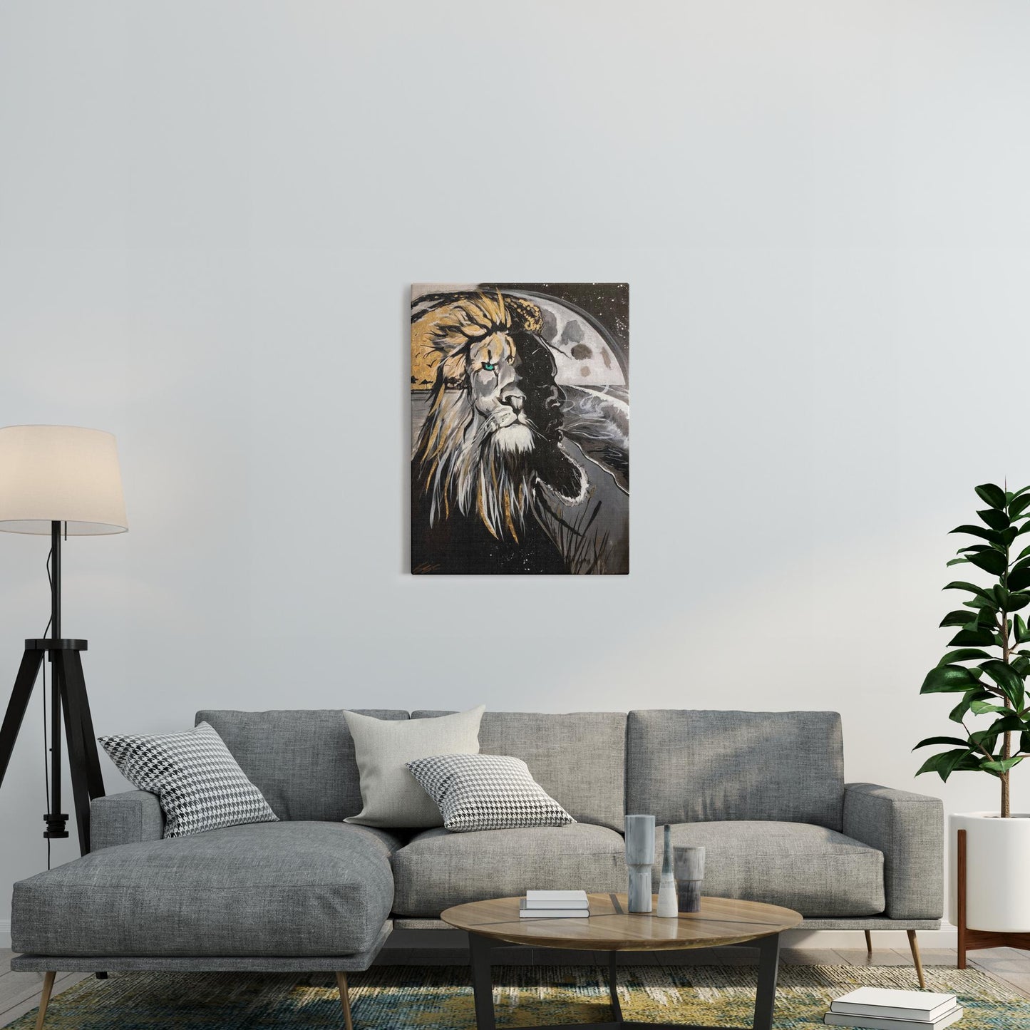 Painting titled “Into the Night” showing a seamless blend of a man and lion’s face over a moonlit ocean, with gold sunlight merging into the lion’s mane.