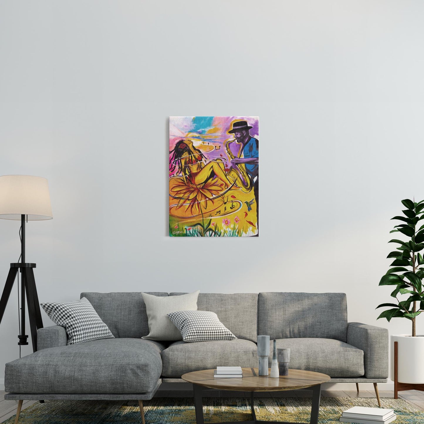 Painting titled “Special Dedication” showing a soulful saxophonist performing for a woman, capturing musical passion and emotional connection in vibrant tones.