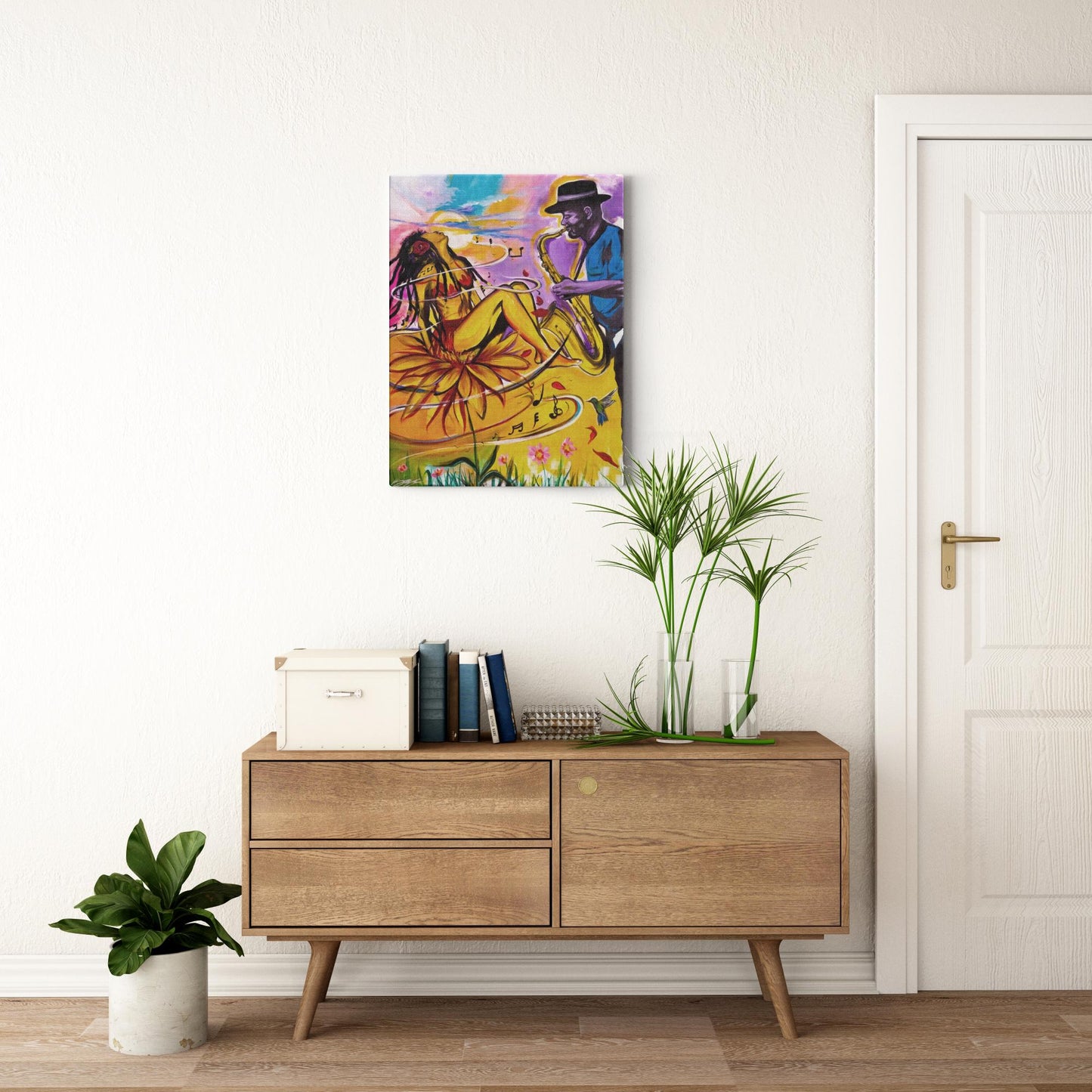 Painting titled “Special Dedication” showing a soulful saxophonist performing for a woman, capturing musical passion and emotional connection in vibrant tones.