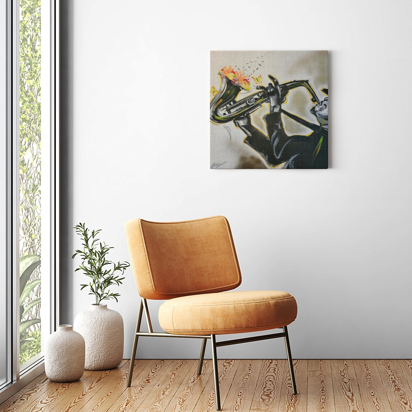 Abstract painting titled “Full Bloom” showing a silhouetted saxophonist playing as flowers bloom from the horn, transforming into floating music notes.