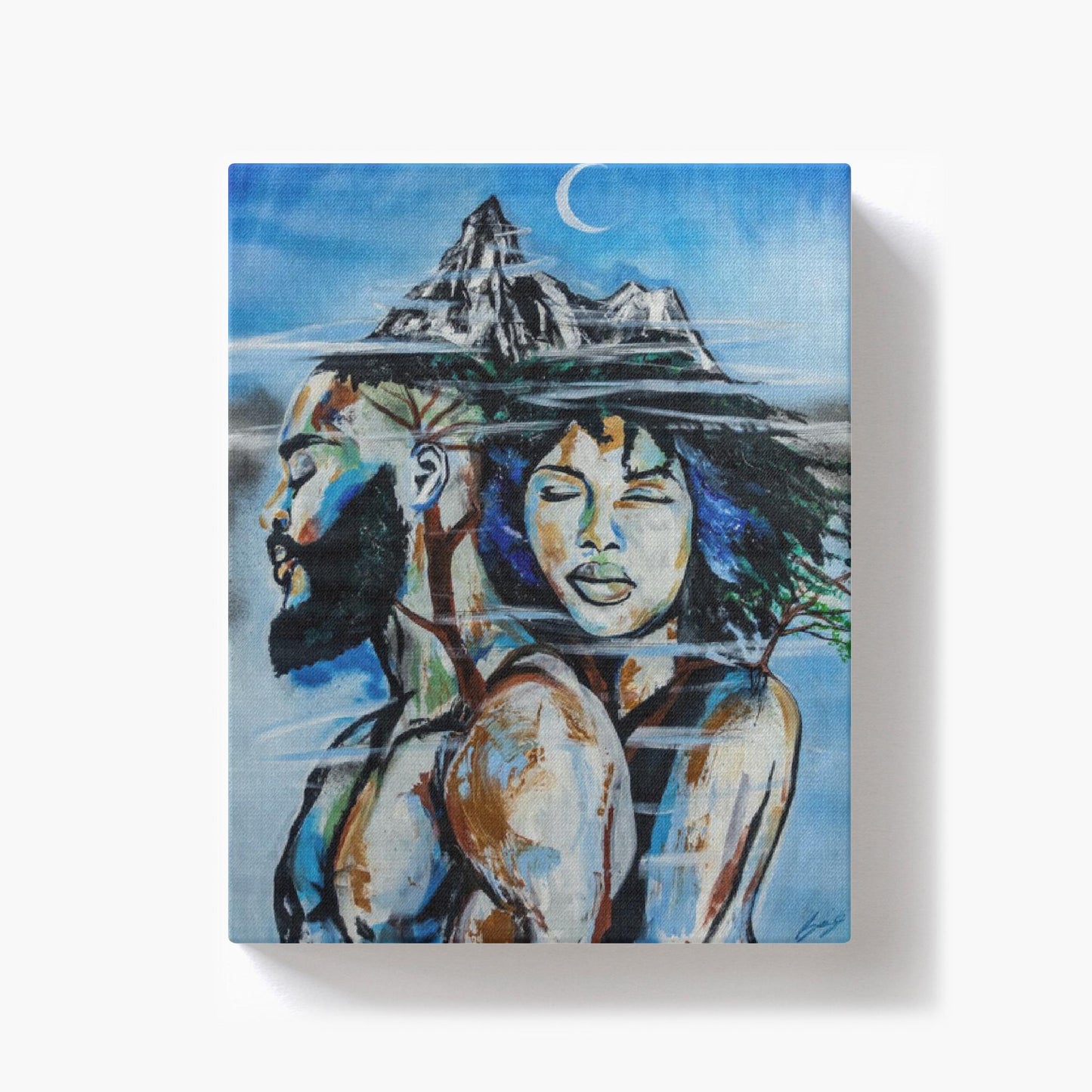 Abstract painting titled “Altitude” showing an embracing couple formed as a tree, growing upward toward a misty mountain peak symbolizing love and resilience.