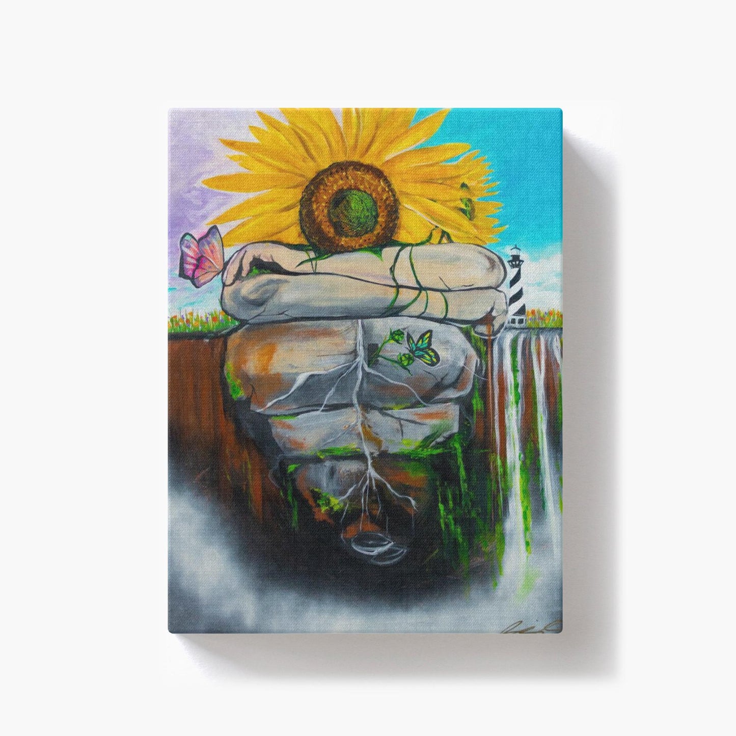 Surreal painting of two sunflowers growing through stone, symbolizing love, growth, and life with butterflies and a door, representing the heart."