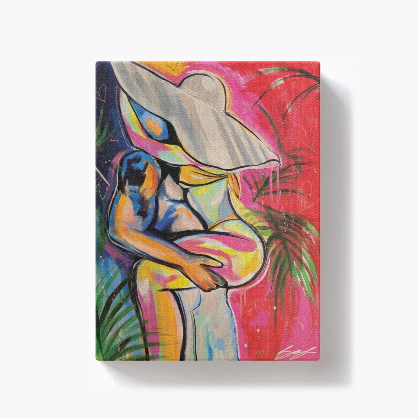 Painting titled “Passion in Paradise” showing a couple in a private, passionate embrace surrounded by tropical palms, capturing intimacy and desire.
