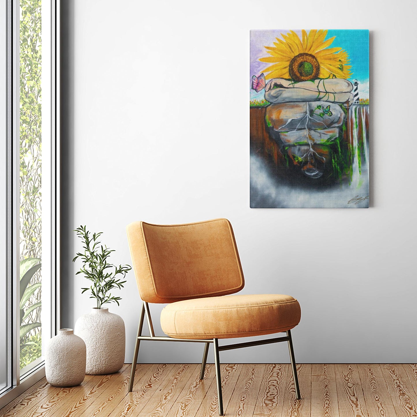Surreal painting of two sunflowers growing through stone, symbolizing love, growth, and life with butterflies and a door, representing the heart."