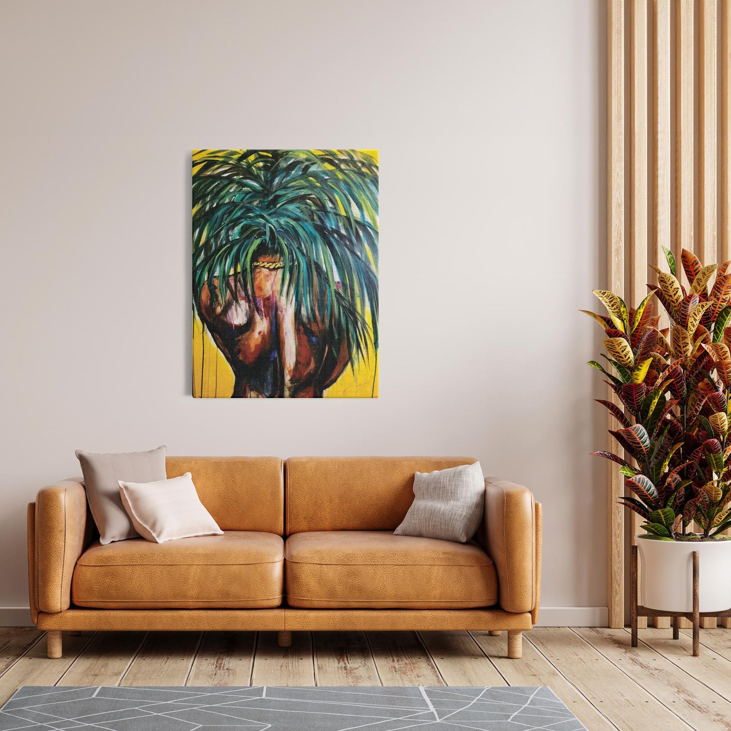 Painting titled “Throwing Shade” showing a solitary male figure with a strong back and palm tree hair, wearing a gold chain against a bright yellow tropical background.