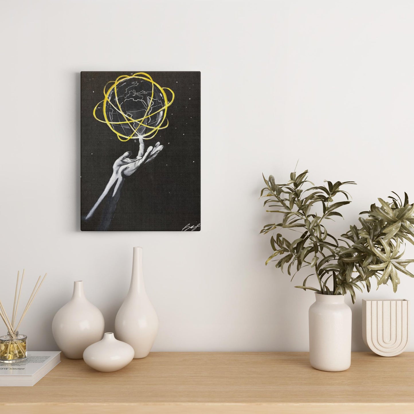 Silhouette painting titled “Destiny Control” showing a male hand spinning a globe-shaped basketball on one finger, symbolizing mastery and human potential.