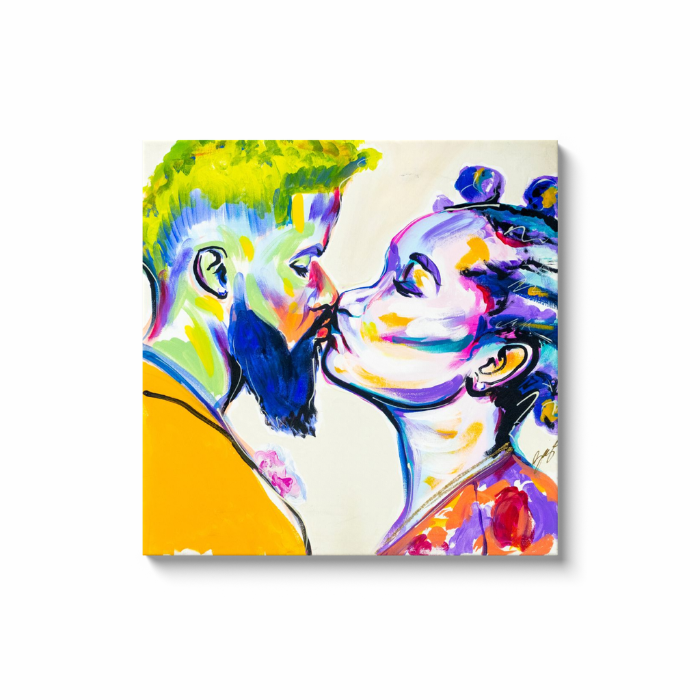 Colorful painting titled “French Kiss” showing a couple kissing, their faces illuminated by vibrant rainbow hues of pink, green, and purple.