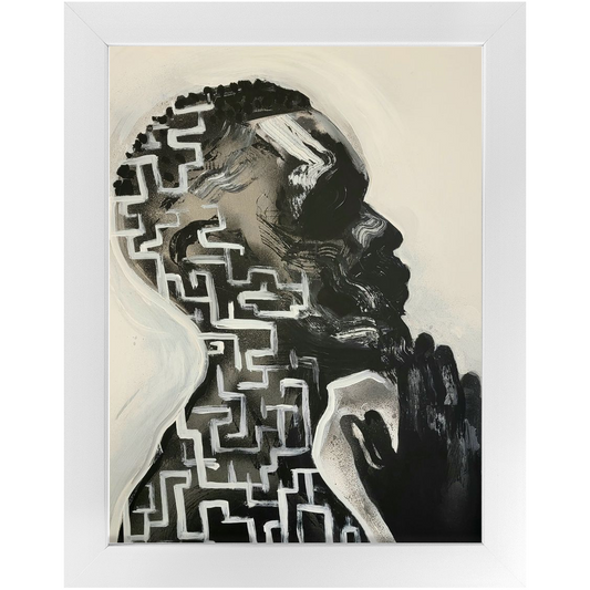 Abstract painting titled “Amazing Grace” showing a male figure in prayer with an intricate maze design within his profile, symbolizing faith and divine guidance.