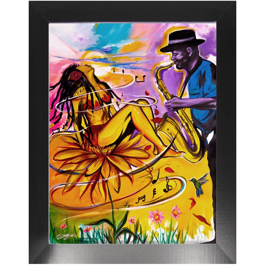 Painting titled “Special Dedication” showing a soulful saxophonist performing for a woman, capturing musical passion and emotional connection in vibrant tones.