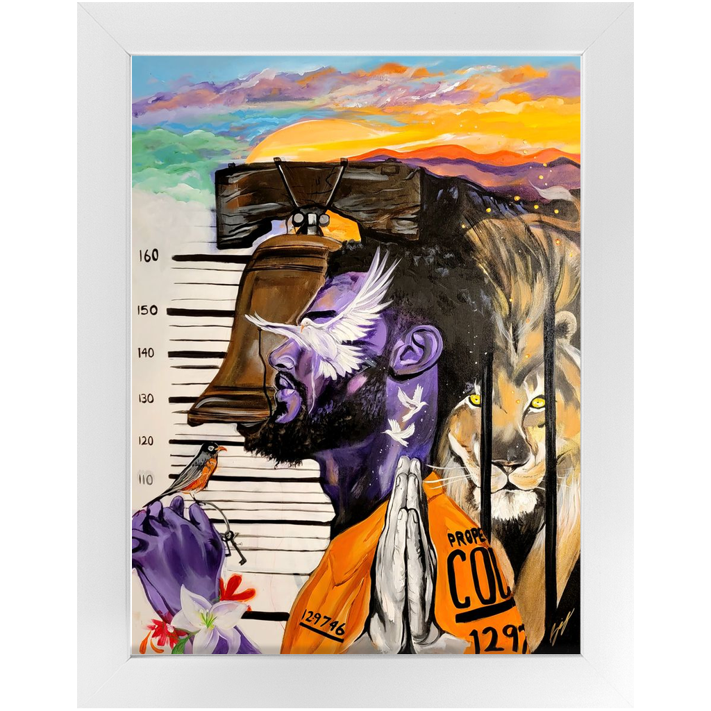 Painting titled “Give Me Liberty” showing a male in a prison jumpsuit kneeling in prayer with a symbolic lion behind bars, liberty bell, and doves representing freedom.