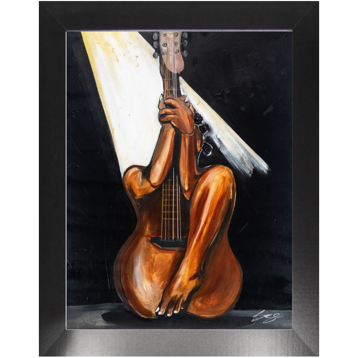 Abstract painting titled “Fine Tuned” showing a woman’s curved body merged with a guitar’s form, one leg extending upward into the neck of the instrument.